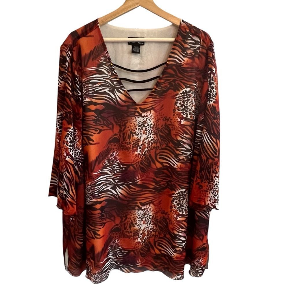 Russell Kemp Womens Oversized Animal Print Tunic Top Size 2X Sheer Flowy Mature